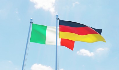Germany and Italy, two flags waving against blue sky. 3d image