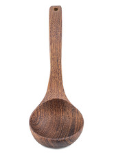 An empty wooden soup spoon on a white background