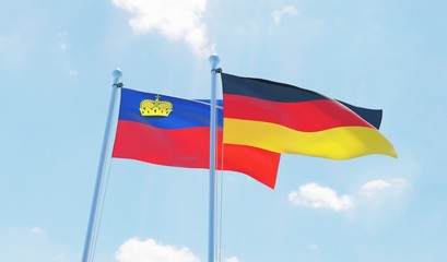 Germany and Liechtenstein, two flags waving against blue sky. 3d image