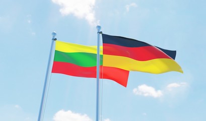 Germany and Lithuania, two flags waving against blue sky. 3d image