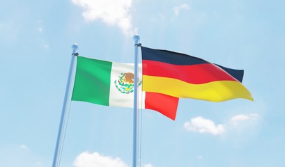 Germany and Mexico, two flags waving against blue sky. 3d image