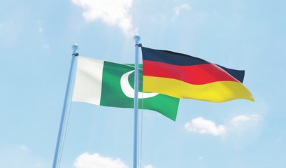 Germany and Pakistan, two flags waving against blue sky. 3d image