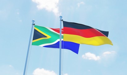 Germany and South Africa, two flags waving against blue sky. 3d image