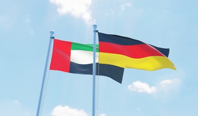 Germany and UAE, two flags waving against blue sky. 3d image