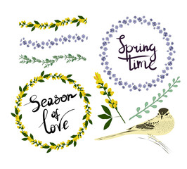 Set of floral brushes and wreaths with spring lettering. Brown Sparrow Bird. A sprig of yellow flowers Thermopsis and fern. Spring time. Season of love. Vector illustration.