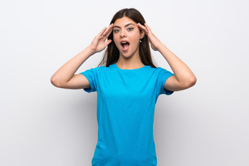 Teenager girl with blue shirt with surprise expression