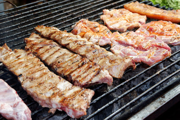 Thai Street Food: Barbecue Pork Ribs on the Charcoal Grill 