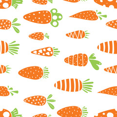Carrot seamless pattern for Easter. Linear carrots and orange polka dots. Endless pattern can be used for ceramic tile, wallpaper, linoleum, textile, web page background