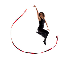Woman doing rhythmic gymnastics with ribbon on isolated white background