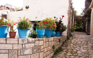 Fototapeta na wymiar Green flowers in big blue pots on the town stone wall in the small greek town. Travel photo.Krete