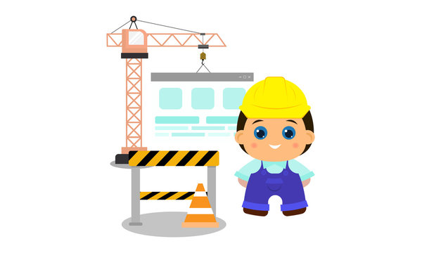 Website under construction illustration with builder character