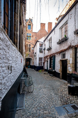 NTWERP, BELGIUM - 02 15 2019 : Vlaeykensgang is small and tight medieval alley in the center of Antwerp