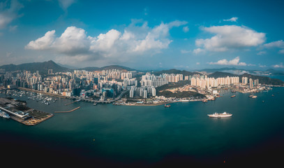 Fototapeta premium Aerial panoramic view of Hong Kong City from Lei Yue Mun