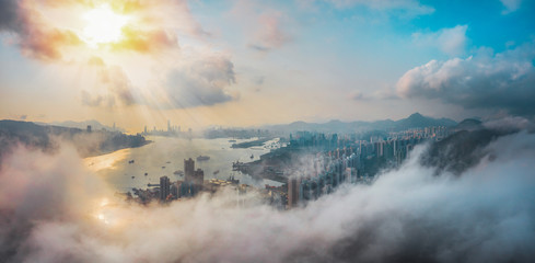 Aerial panoramic view of Hong Kong City from Lei Yue Mun