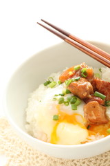 Japanese food, canned Yakitori and egg on rice