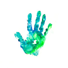 Green-blue print of the hand in the paint. An artistic photo on the theme of art therapy.