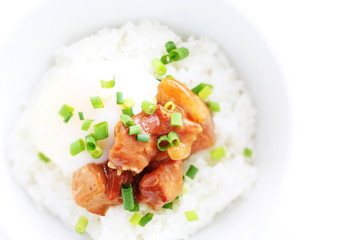 Japanese food, canned Yakitori and egg on rice