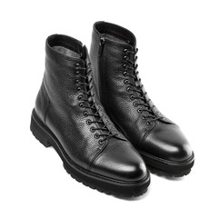 Men's fashion leather shoes for autumn, spring, European winter. Boots for a modern grunge woman. Women's black boots with laces isolated on white. Black Leather Army Boots. Autumn. Fashion. Style.
