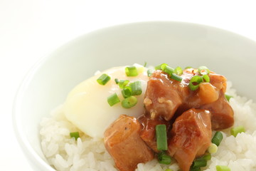 Japanese food, canned Yakitori and egg on rice