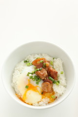 Japanese food, canned Yakitori and egg on rice