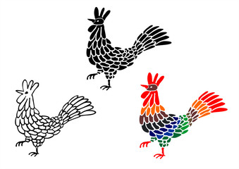 Fototapeta na wymiar Emblem icon drawn rooster set