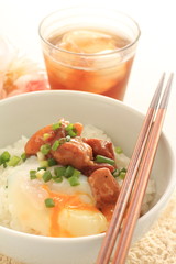 Japanese food, canned Yakitori and egg on rice