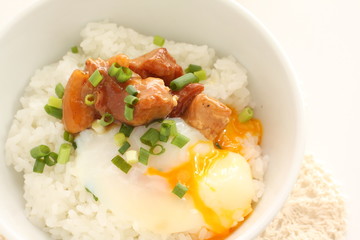 Japanese food, canned Yakitori and egg on rice