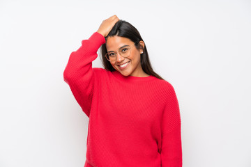 Fototapeta premium Young Colombian girl with glasses laughing