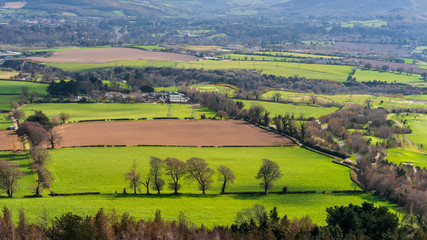 Fototapeta premium The view from the top of the Carrickgollogan Hill, Ireland, after hiking in Dublin Mountains Way on a lovely spring day with colorful agricultural land patches. Irish countryside landscape.