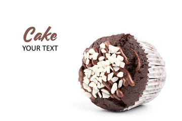 Tasty chocolate cupcakes on white background. Chocolate caramel cupcake and butterscotch syrup. Chocolate cupcake isolated on white.