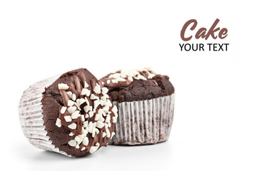 Tasty chocolate cupcakes on white background. Chocolate caramel cupcake and butterscotch syrup. Chocolate cupcake isolated on white.