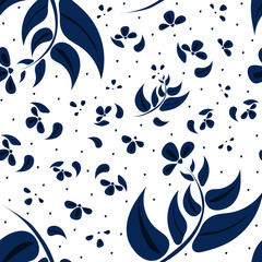 Fototapeta na wymiar Flower seamless blue and white pattern, porcelain background. Seamless floral pattern in Russian gzhel style. Vector pattern for textile prints, dishes and other designs.