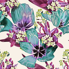 Spring flowers seamless pattern.. Watercolor illustartion. Design template.