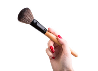 Various makeup brushes isolated over white. wooden makeup brushes. Duo fibre foundation makeup brush. Style. Fashion. Visage. Cosmetics.