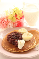 Red bean paste and banana pancake for sweet breakfast image