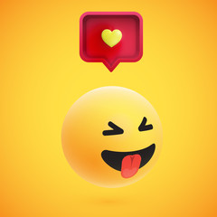 Cute high-detailed yellow 3D emoticon with speech bubble and heart for web, vector illustration