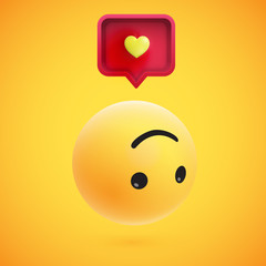 Fototapeta premium Cute high-detailed yellow 3D emoticon with speech bubble and heart for web, vector illustration