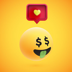 Cute high-detailed yellow 3D emoticon with speech bubble and heart for web, vector illustration