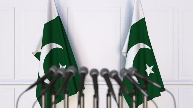 Pakistani official press conference with flags of Pakistan. 3D animation
