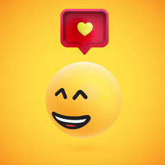 Cute high-detailed yellow 3D emoticon with speech bubble and heart for web, vector illustration