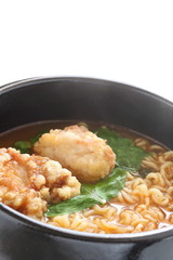 Korean food, fried chicken in hot pot ramen noodles