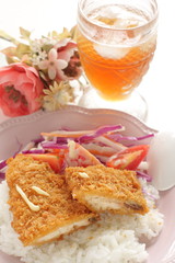 Japanese fried fish on rice served with salad
