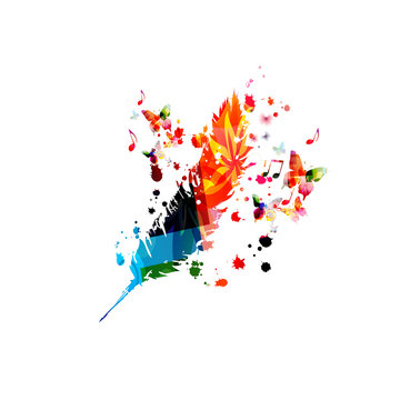 Colorful feather with music notes isolated vector illustration design. Music background. Composing concept, writing, creativity and inspiration