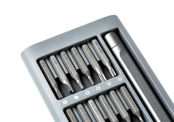Set of bits for screwdriver. Metal bits for screwdriver. Tool set for household use. Nozzles and...