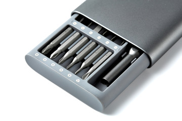 Set of bits for screwdriver. Metal bits for screwdriver. Tool set for household use. Nozzles and adapters for screwdrivers. Head different size hex driver.