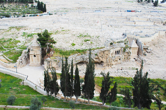 Panoramic view with The ornate tomb in the cemetery belongs to Zachariah ben Jehoiada, the father of John the Baptist, the Mount Of Olives,, Jerusalem, Israel