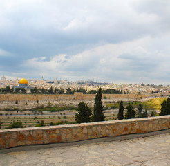 Panoramic view of Jerusalem with Dome of the rock, Church of Mary Magdalene and Temple Mount from Mount of Olives, Israel