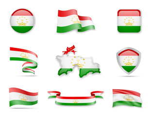 Tajikistan flags collection. Vector illustration set flags and outline of the country.