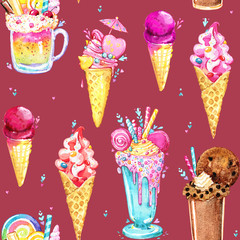 Ice cream cocktail pattern tasty pink watercolor seamless