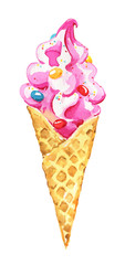 Icecream cone syrup tasty summer watercolor isolated